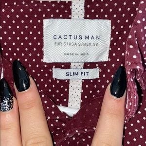 maroon and white polka dot button down